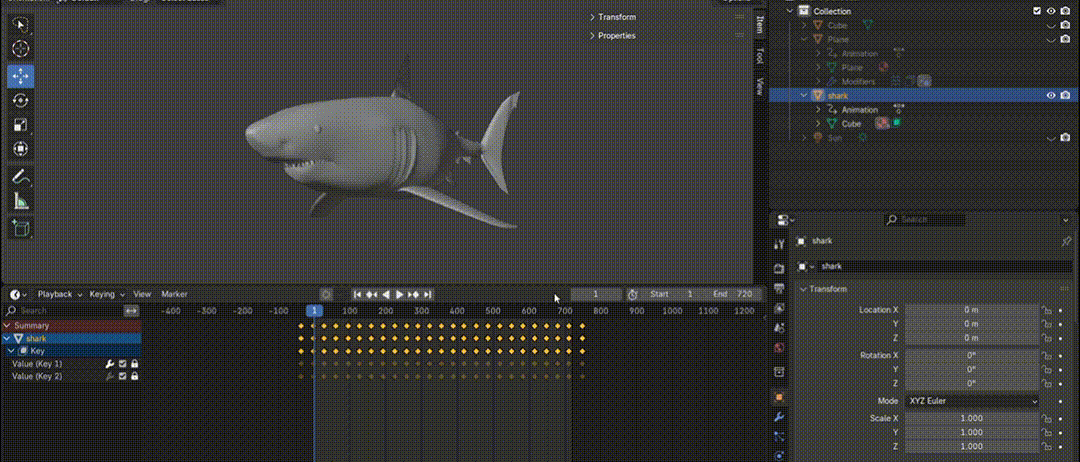 Swimming animation completed using shape keys.