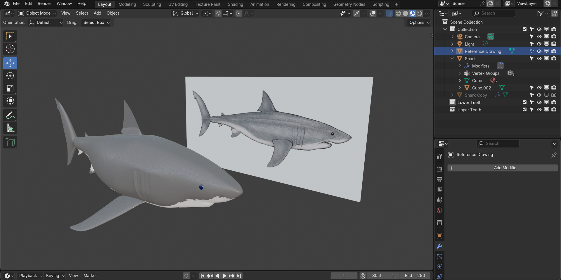 Work in progress shot of shark model in Blender.