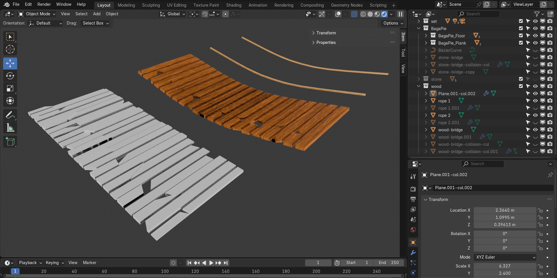 Work in progress screenshot of wooden bridge asset. Created in Blender.